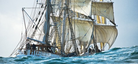 Photo The three-masted boat Belem behind the wave par Philip Plisson