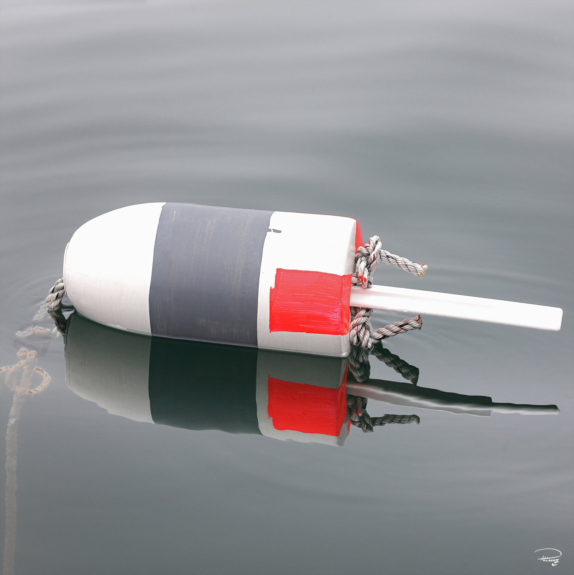 Canvas Gray, red and white lobster trap buoy by Philip Plisson