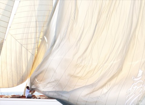 Photo Mainsail down on a classic yacht par Philip Plisson